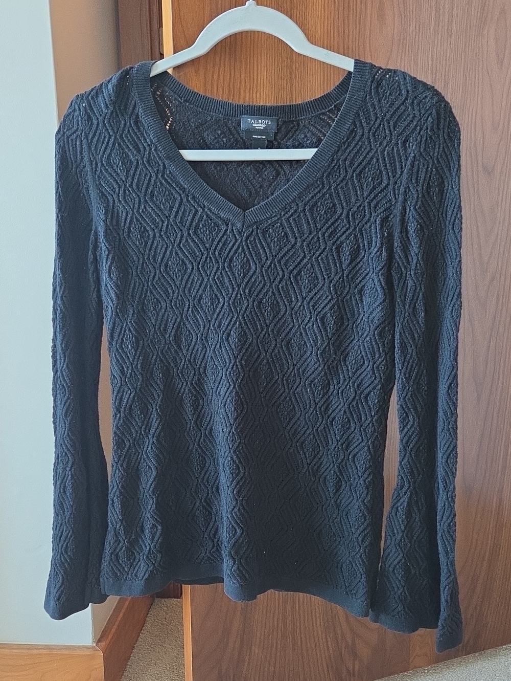 Talbots Black V-Neck Diamond-Textured Knit Sweater Small Petite